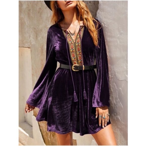 Bohemian Purple Floral Embroidered Velvet Mini Dress - Picture 1 of 11